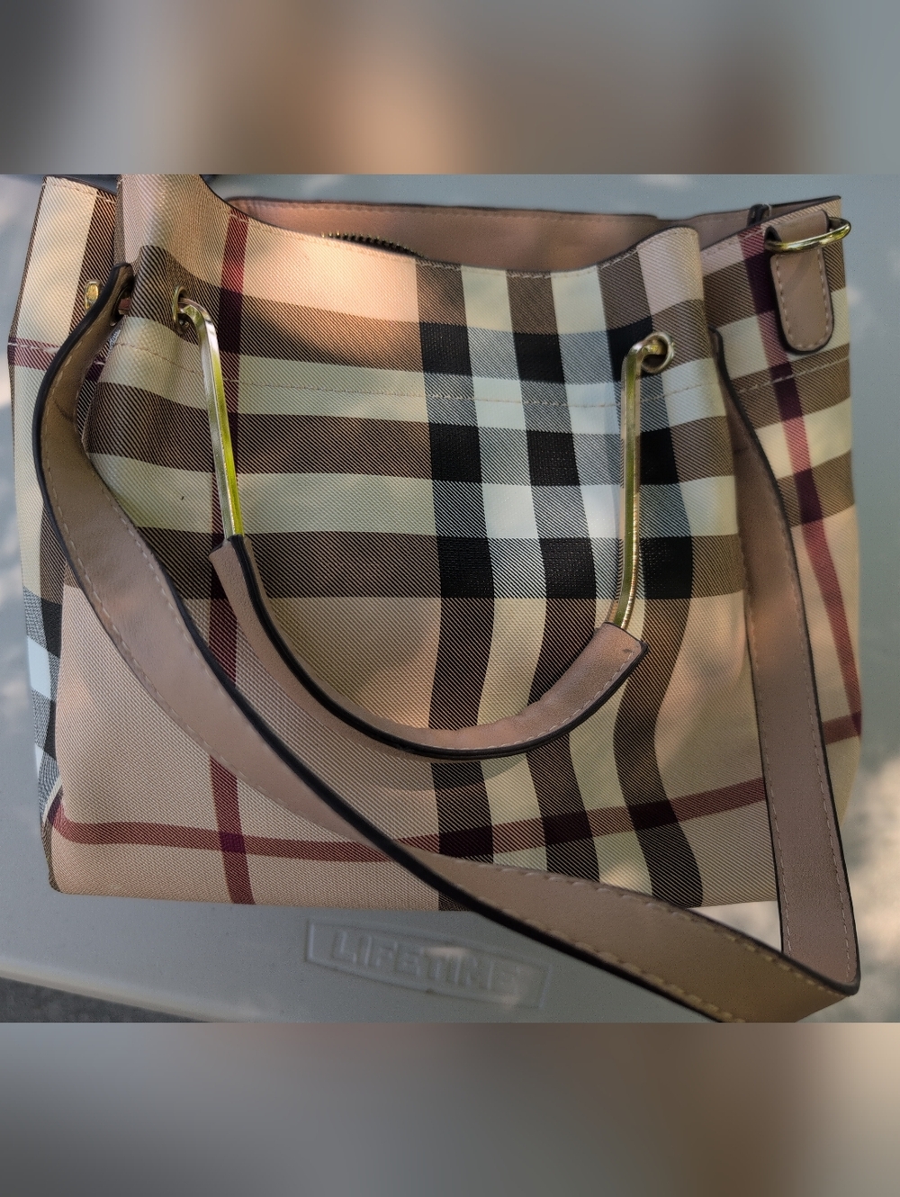 Burberry Taupe and Beige Check Small Tote with Gold Hardware - Picture 5 of 6